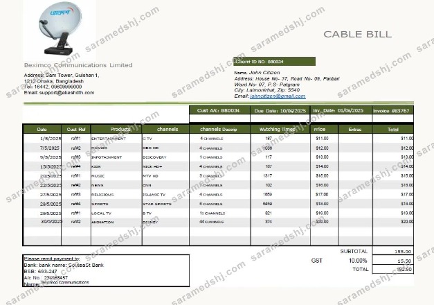 Bangladesh Beximco Communications utility bill template in Word and PDF formats